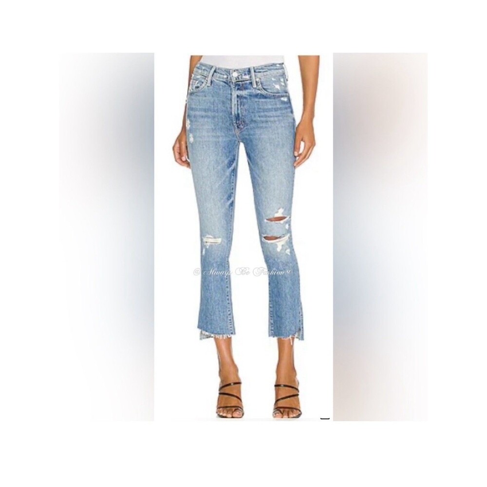 Mother The Insider Crop Step Fray Jeans 26 Light Blue Distressed Bootcut Denim